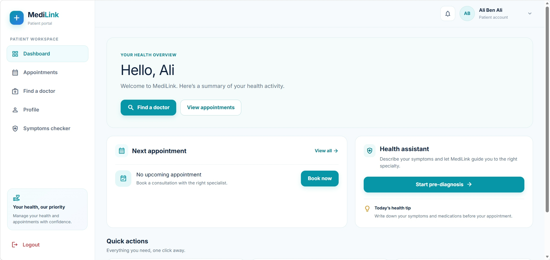 MediLink — Patient dashboard