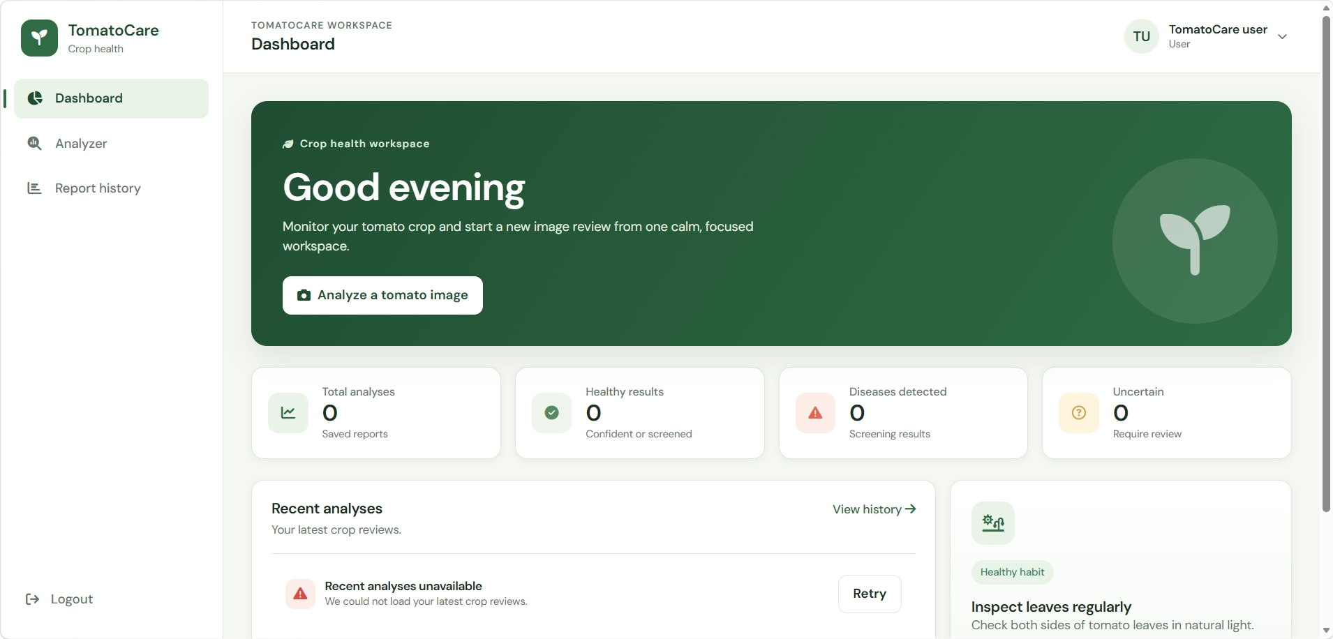 TomatoCare — Dashboard overview
