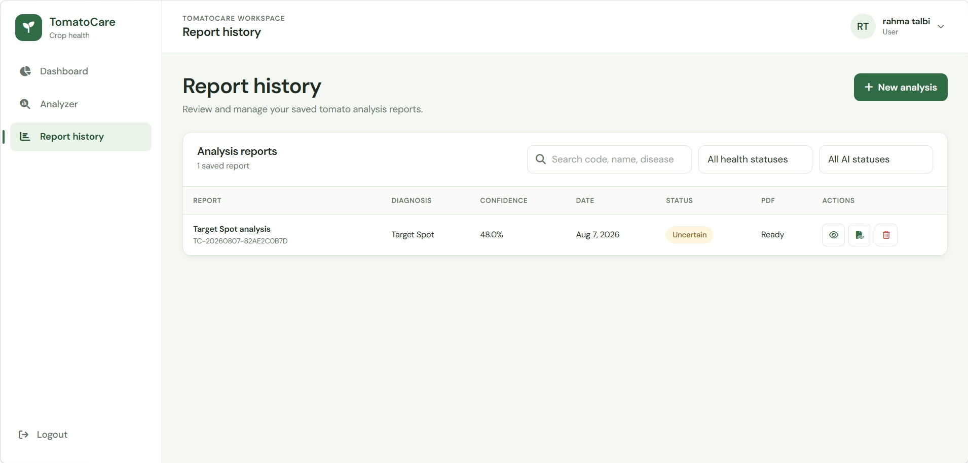 TomatoCare — Analysis history